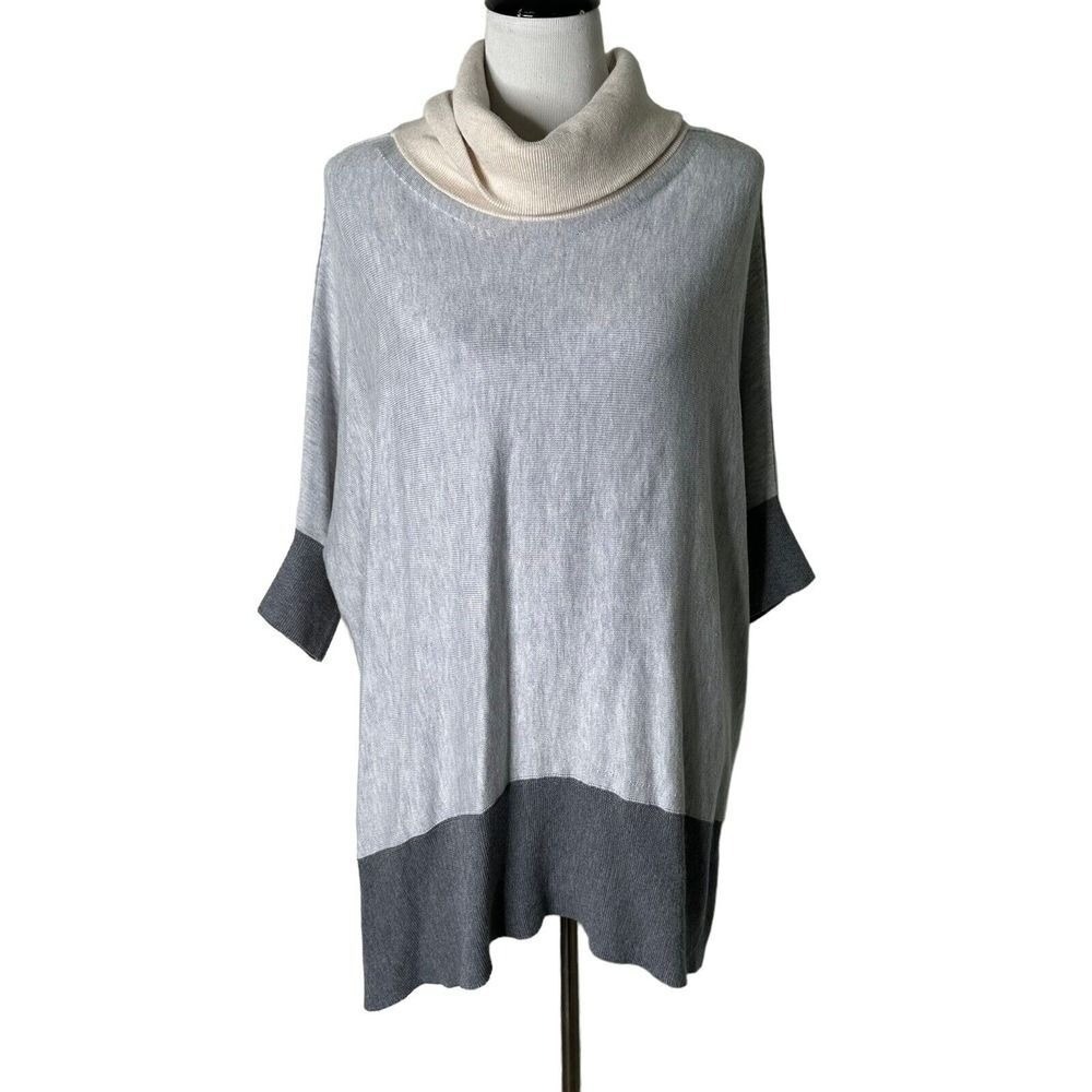 WHBM Cozy Minimalist Knit Tunic Poncho Oversized Cowl Neck M Gray Cream Charcoal